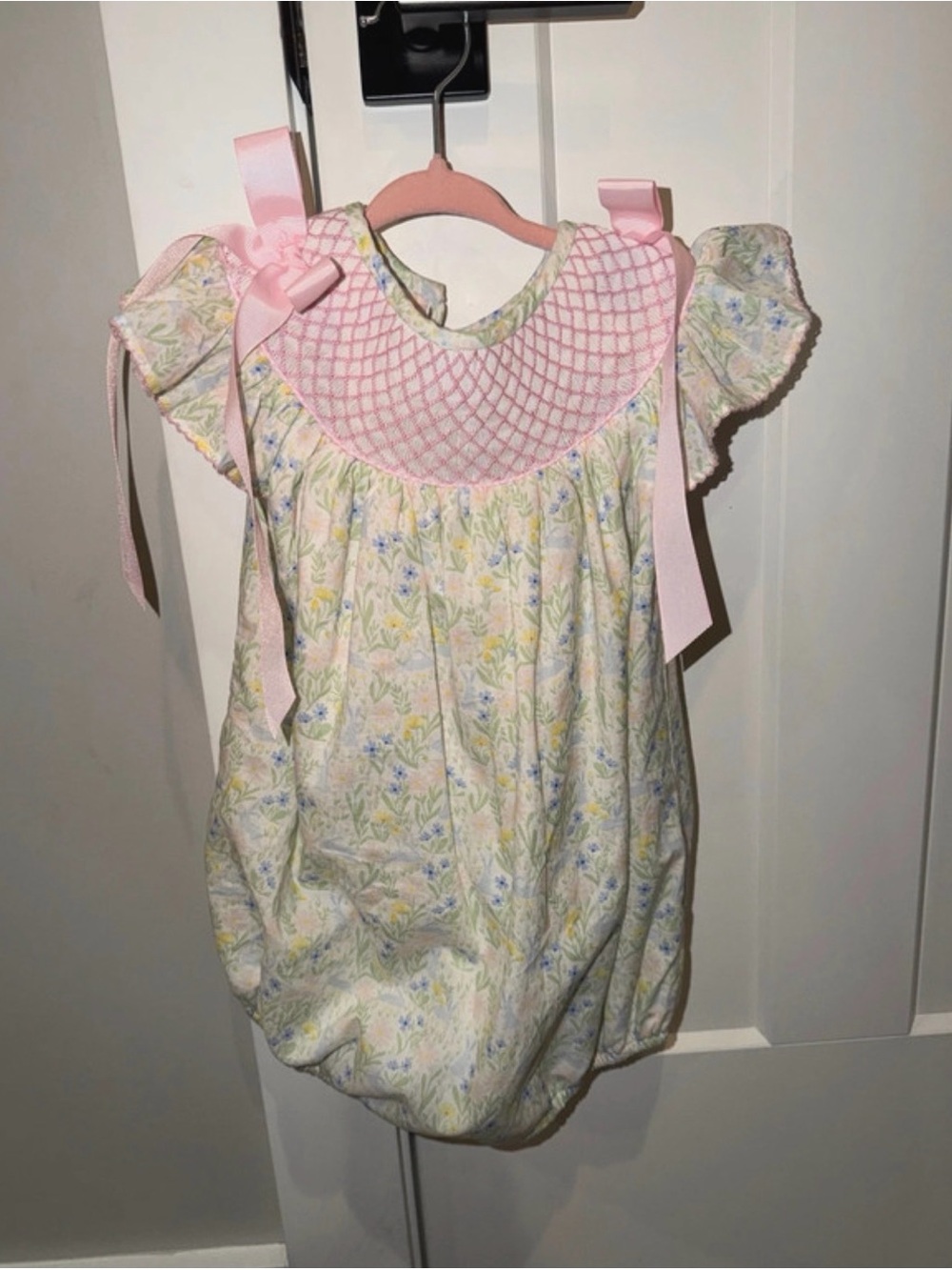 Smocked Flamingo Floral Bubble with Ribbon Ties